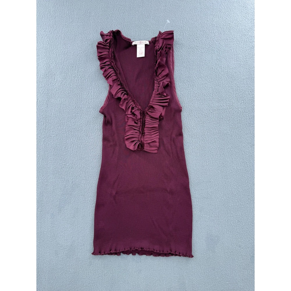 Salomay Y2K Silk Ribbed Ruffle V-Neck Tank Top Sz 3 Burgundy Whimsigoth Romantic